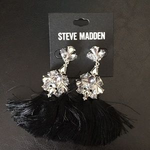 Steve Madden Gray Stones Black Tassels Fringes Earrings